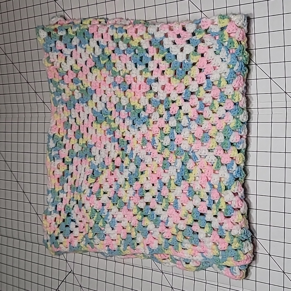 Vintage pre-loved crochet‎ baby blanket, pink, white,  baby  blue, yellow, green